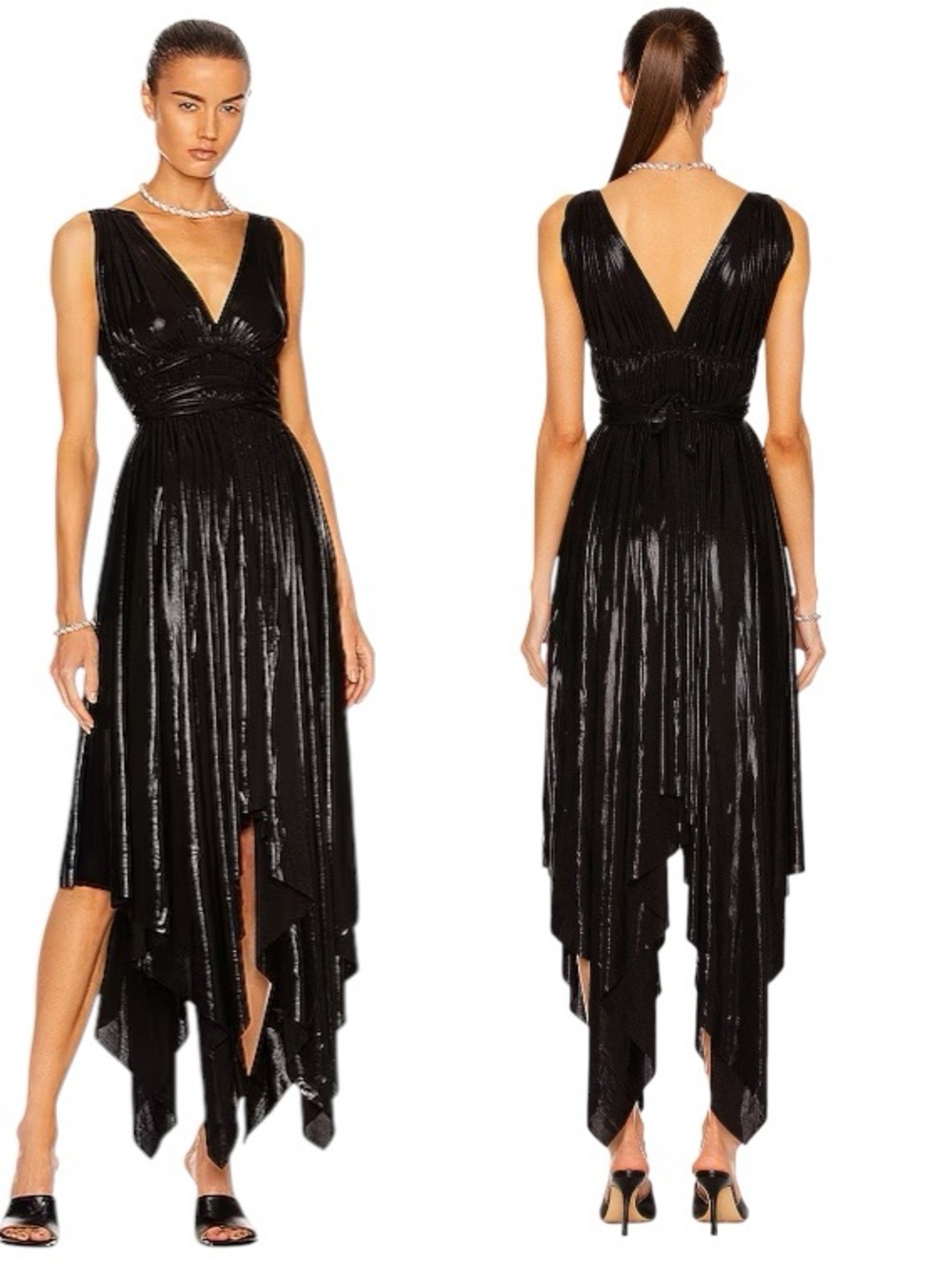 NORMA KAMALI Goddess Belted Metallic Stretch jersey Maxi Dress Black Size Small
